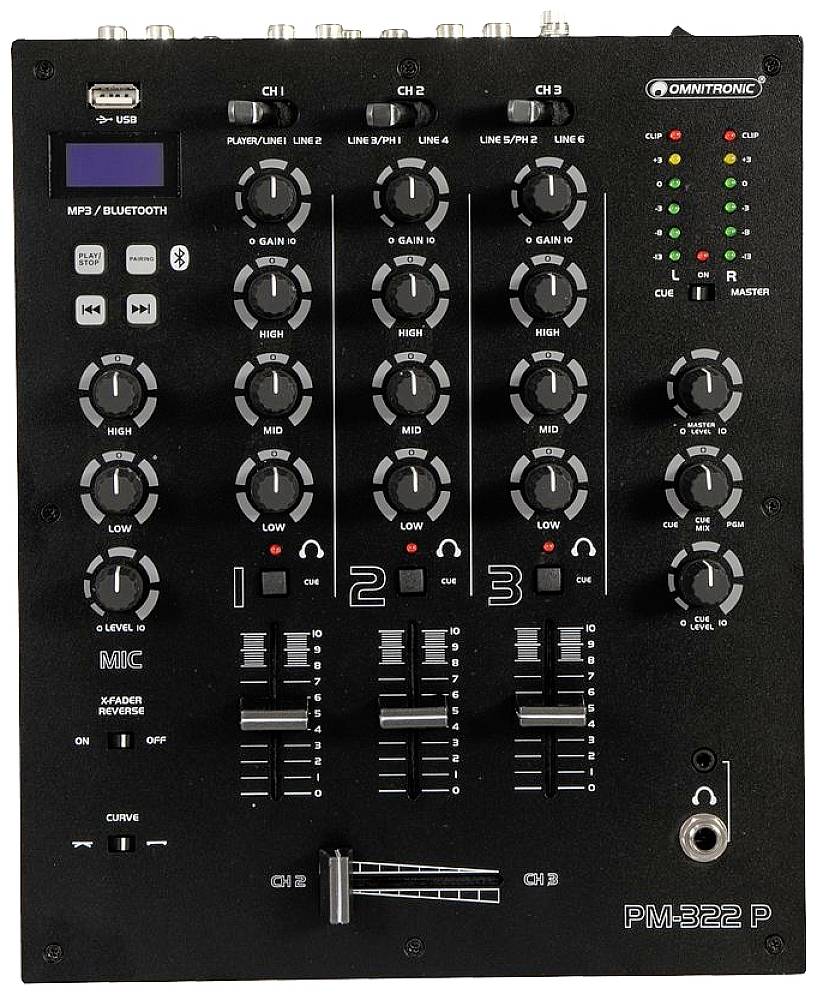 Ett svart DJ-mixerbord med flera knappar och skjutreglage. Uppe till vänster syns USB- och Bluetooth-symboler.