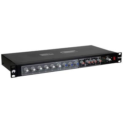 Mixerbord i rackformat med flera reglage och anslutningar, för justering av ljudnivåer i en inspelningsstudio eller vid liveevenemang.