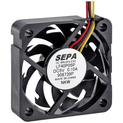En liten, kvadratisk fläkt med text i mitten: 'SEPA DC BRUSHLESS, LF40P05P, DC5V 0.10A, 908739P, Tillverkad i Kina'.