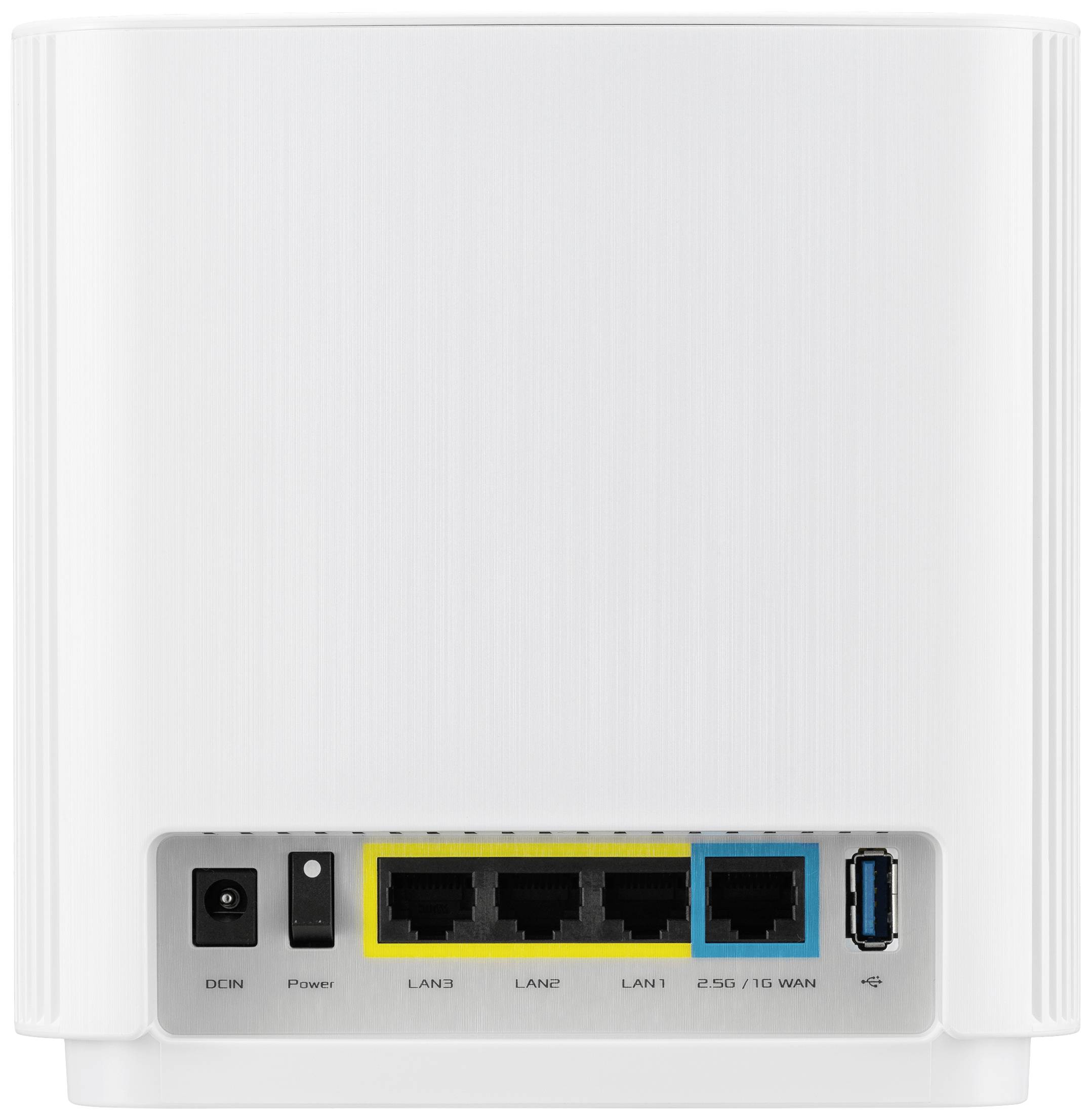 Bakifrån vy av en vit router med anslutningar: ström, tre LAN-portar, en blå markerad WAN-port och en USB-port.