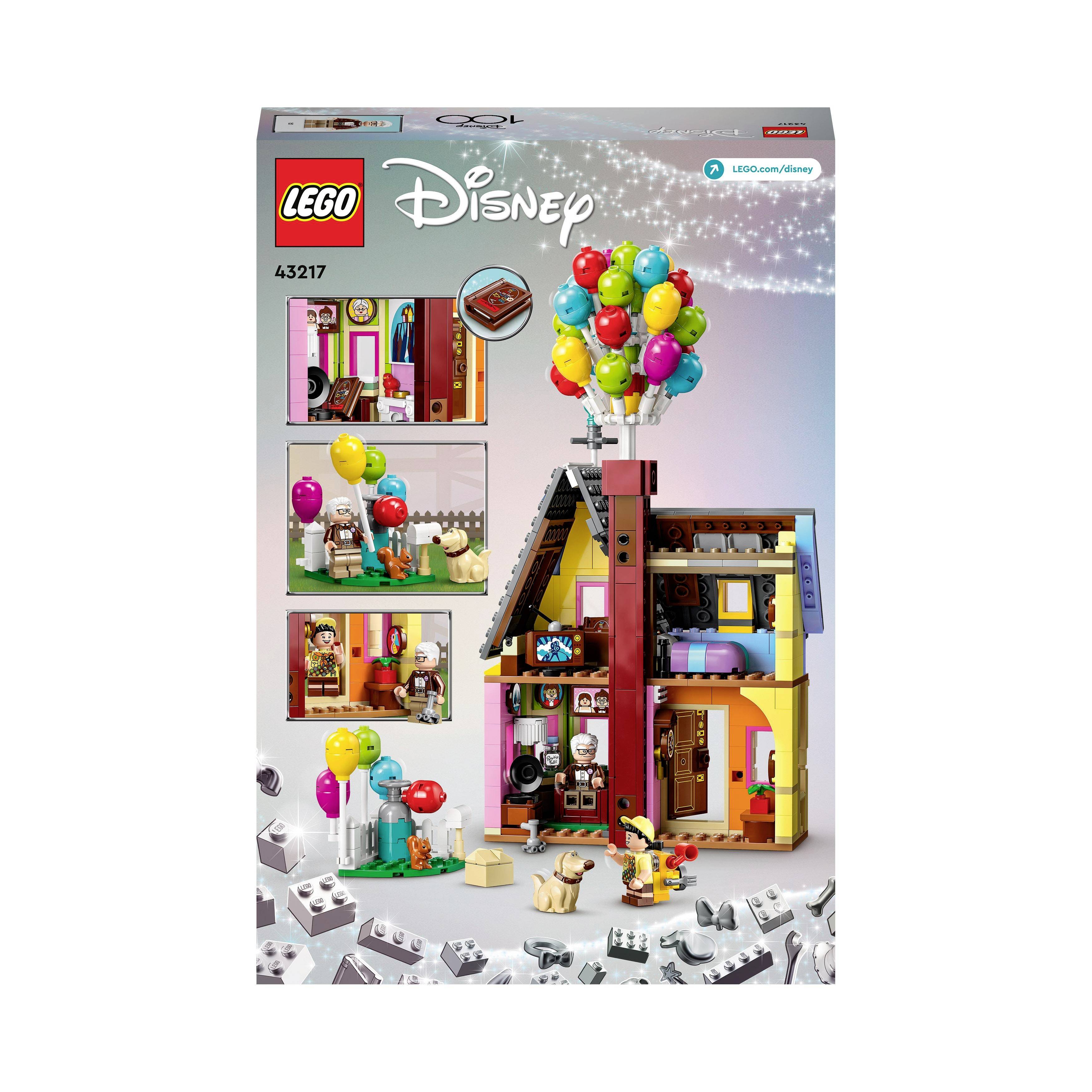 LEGO-byggsats från Disney-serien visar huset från 'Upp' med färgglada ballonger, figurer och hund. Förpackningen visar detaljer och byggdelar.