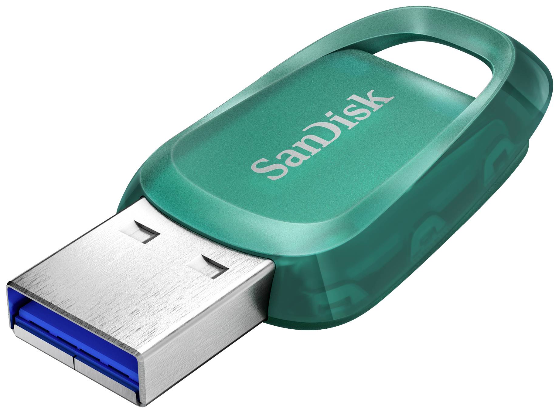 Grön USB-sticka med texten 'SanDisk'.