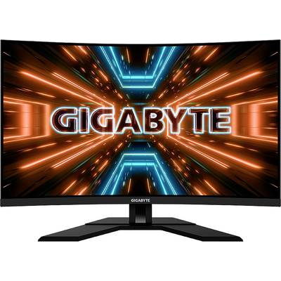 En curved-monitor från Gigabyte visar en lysande, futuristisk design med orange och blå ljuseffekter.
