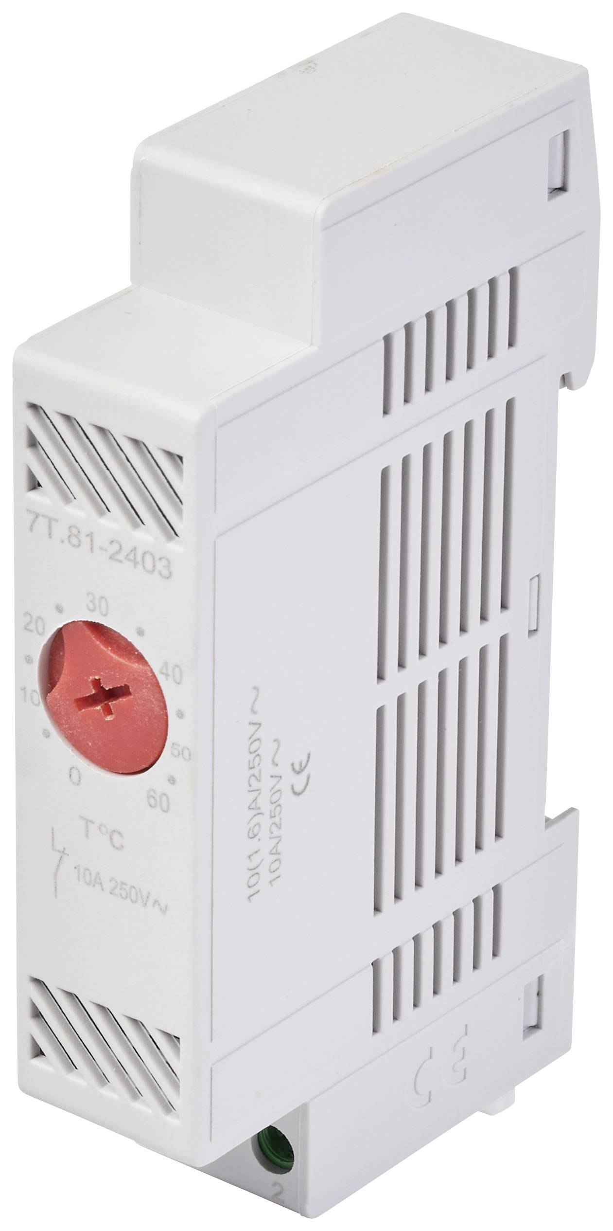 En vit elektrisk timer med en röd inställningsskiva som visar temperaturintervall från -30 till +60 grader Celsius.