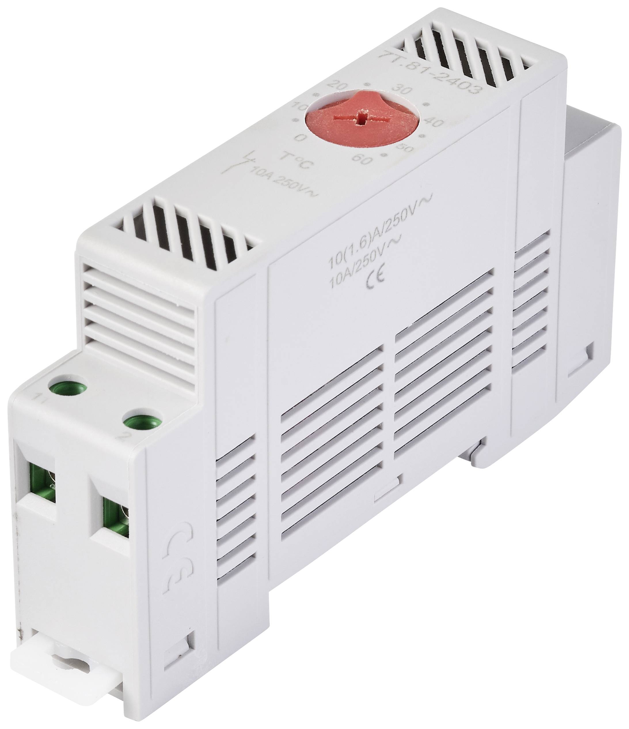 En elektronisk enhet för montering på DIN-skena med en röd vridreglage och ventilationsöppningar. Lämplig för elektriska styrningar.