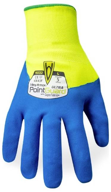 En skyddshandske märkt 'HexArmor PointGuard Ultra', med ett neonsgult handledsparti och blå handflata, konstruerad för skärskydd.