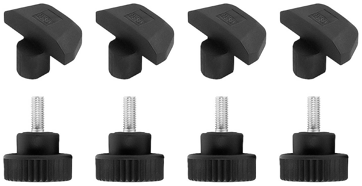 Sex svarta vridrattar med gängad skruv, arrangerade i två rader. Ovansida med ergonomisk design, lämplig för maskiner eller möbler.