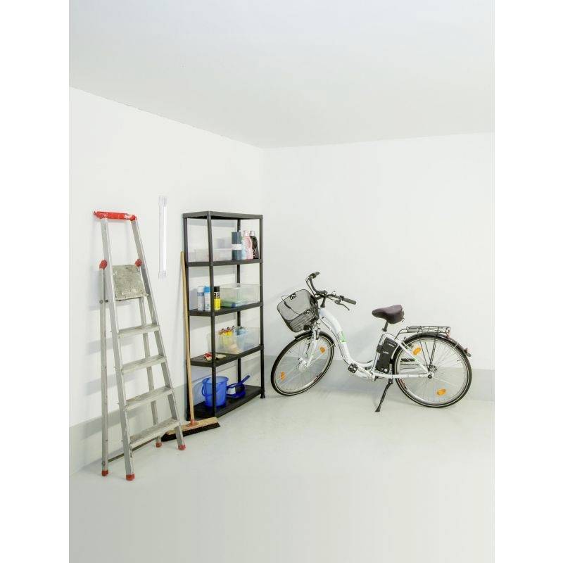 En garage med en cykel, en hylla med rengöringsmedel och en metallstege längs väggen.