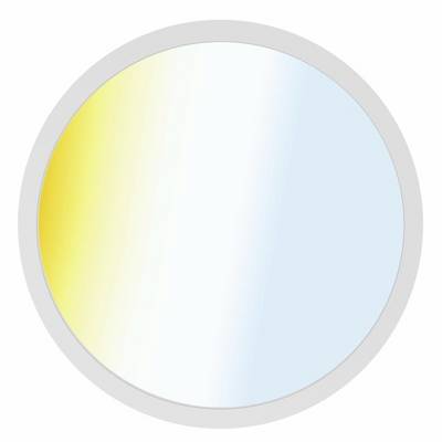 Silvrig rund lampa med vitt och blå-gult ljusförlopp.