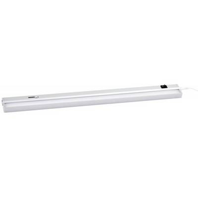 En vit LED-armatur i avlång form med på-/avströmbrytare, avsedd för belysning under skåp eller hyllor.