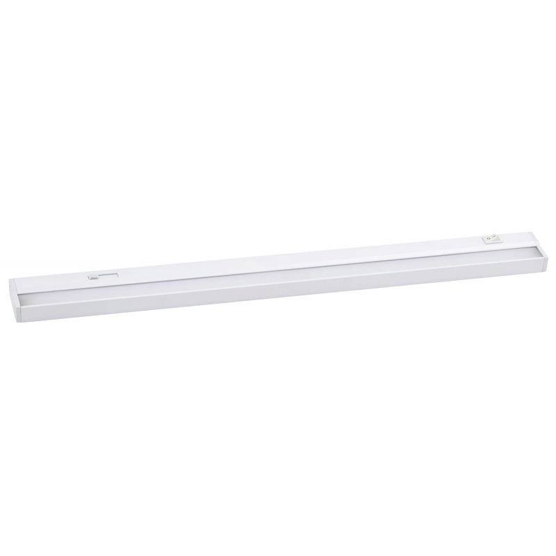 En lång, vit LED-armatur med slank design, lämplig för under köksskåp eller kontorshylla, energieffektiv och ytsnål.