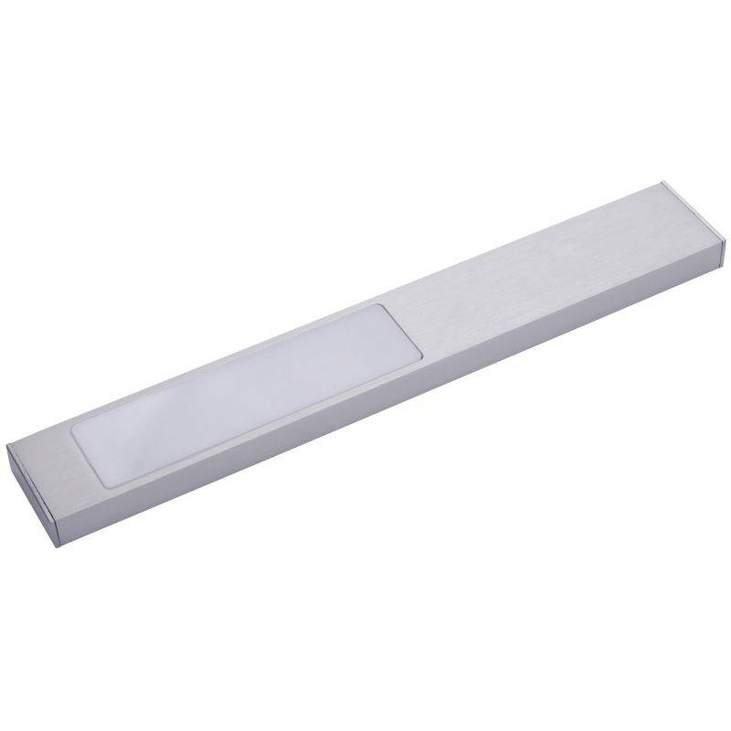 En rektangulär, silver LED-underskåpslampa med ett centralt placerat, avlångt ljusfält. Perfekt för kök eller arbetsplatser.