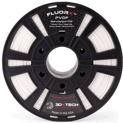 3D-printfilament på rulle, märke 'FluorX PVDF' från 3DXTECH, tillverkad i USA. Filamentdiameter: 1,75 mm, vikt: 500 g. Temperaturintervall: 240-265°C.
