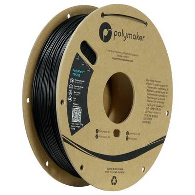 En spole med svart Polymaker PolyFlex TPU95 3D-skrivarefilament på en kartongspole med produkt- och återvinningsetiketter.
