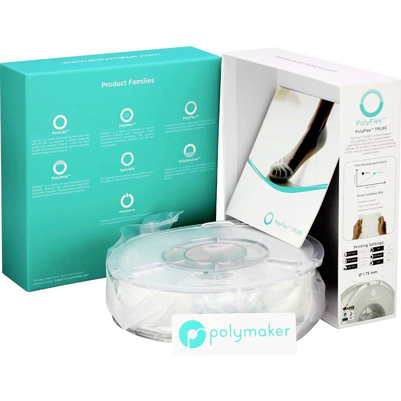Förpackning till en PolyFlex-3D-skrivares filamentrulle med synlig plastspoledesign. Innehåller produktseriens information på lådan.