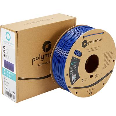 En rulle blå 3D-utskriftsfilament av ASA-material ligger framför en förpackning från märket Polymaker.