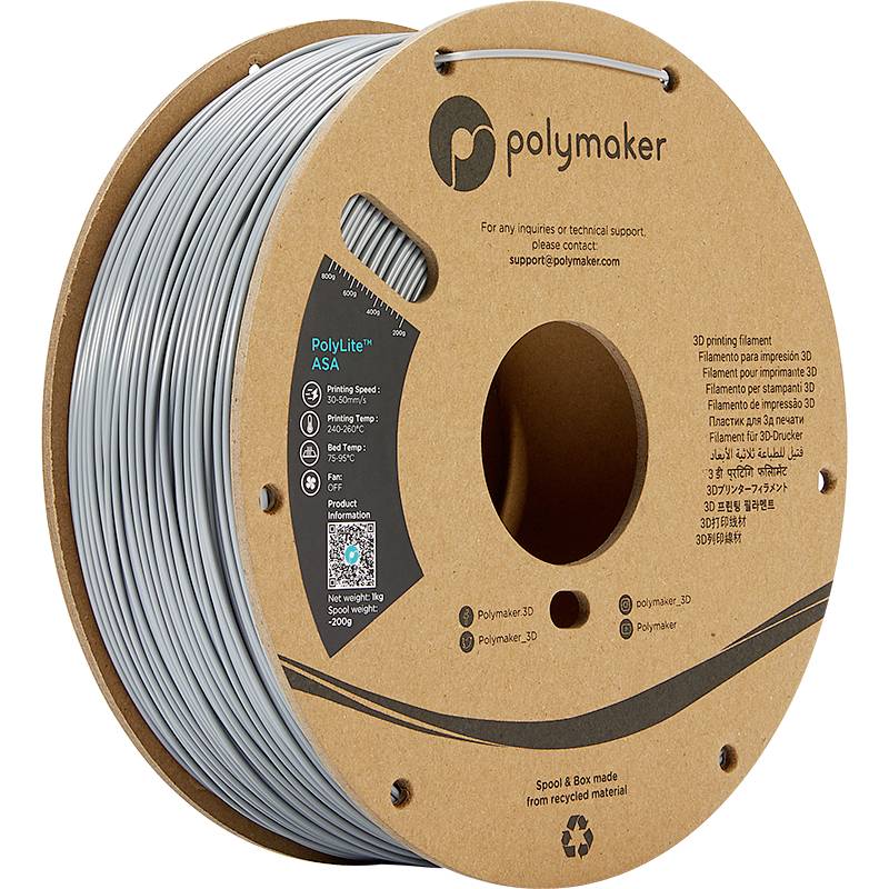 3D-skrivarfilament på en papprullar från Polymaker, tillverkad av återvunnet material. Innehåller produktinformation och varumärkeskontakter.