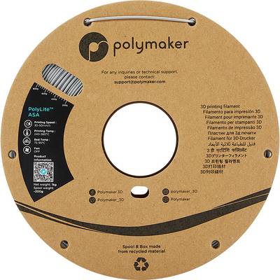 3D-skrivarefilament av ASA från Polymaker. Rullen består av återvunnet material. Support-e-post: support@polymaker.com.