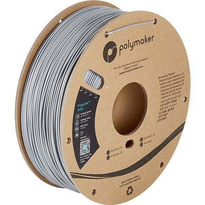 En rulle 3D-skrivararfilament från Polymaker, typ ASA, i grå färg. Förpackningen visar tekniska detaljer och återvinningssymbol.