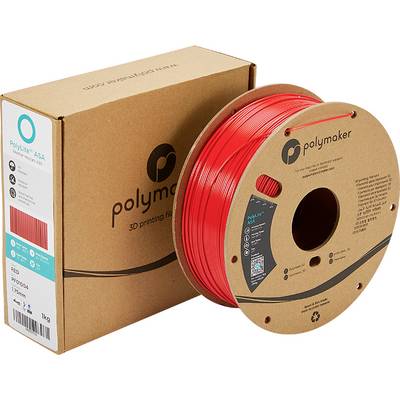 Röd 3D-skrivare filamentrulle 'Polymaker' bredvid förpackningen. Text på förpackningen: 'PolyLite ASA, 1 kg'.