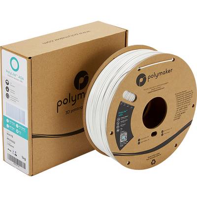 Rulle av vitt 3D-skrivarefilament från Polymaker, bredvid en brun förpackning märkt med 1 kg och produktinformation.