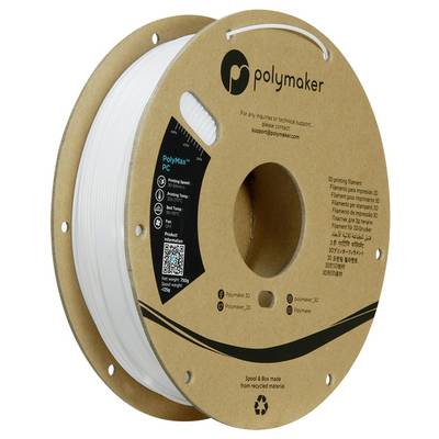 En spole av Polymaker PolyMax PC 3D-skrivningsfilament i vitt, med teknisk supportkontaktinformation tryckt på kartongförpackningen.