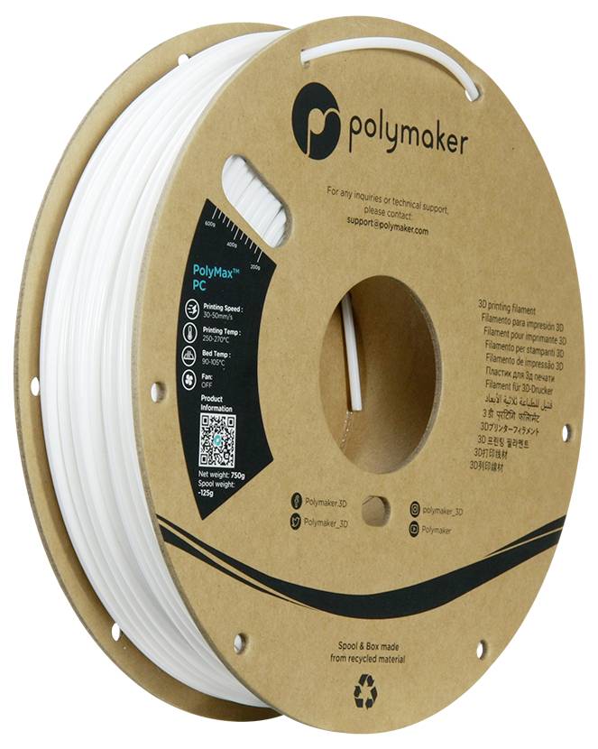 En spole vit Polymaker PolyMax PC 3D-skrivarfilament tillverkat av återvunna material, med produktdetaljer och kontaktinformation.