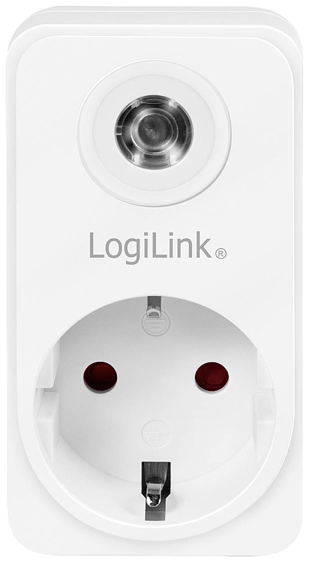 Vit, rektangulär LogiLink-kontakt med en rund på/av-knapp överst. Innehåller ett uttag med två kontaktdon och en jordningsstift.