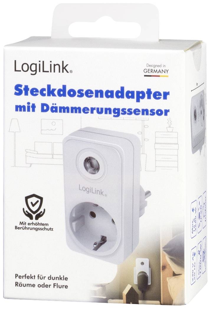 Förpackning för en LogiLink-kontaktadapter med skymningssensor. Text: 'Perfekt för mörka rum eller korridorer'. Design i Tyskland.