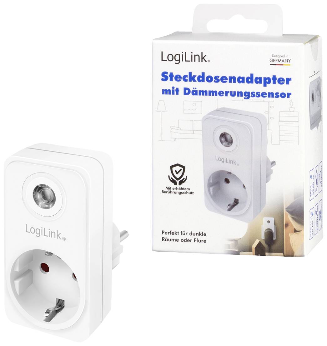 LogiLink Stickkontaktsadapter med skymningssensor. Lämplig för energibesparing i mörka rum eller korridorer. Visas med produktförpackning.