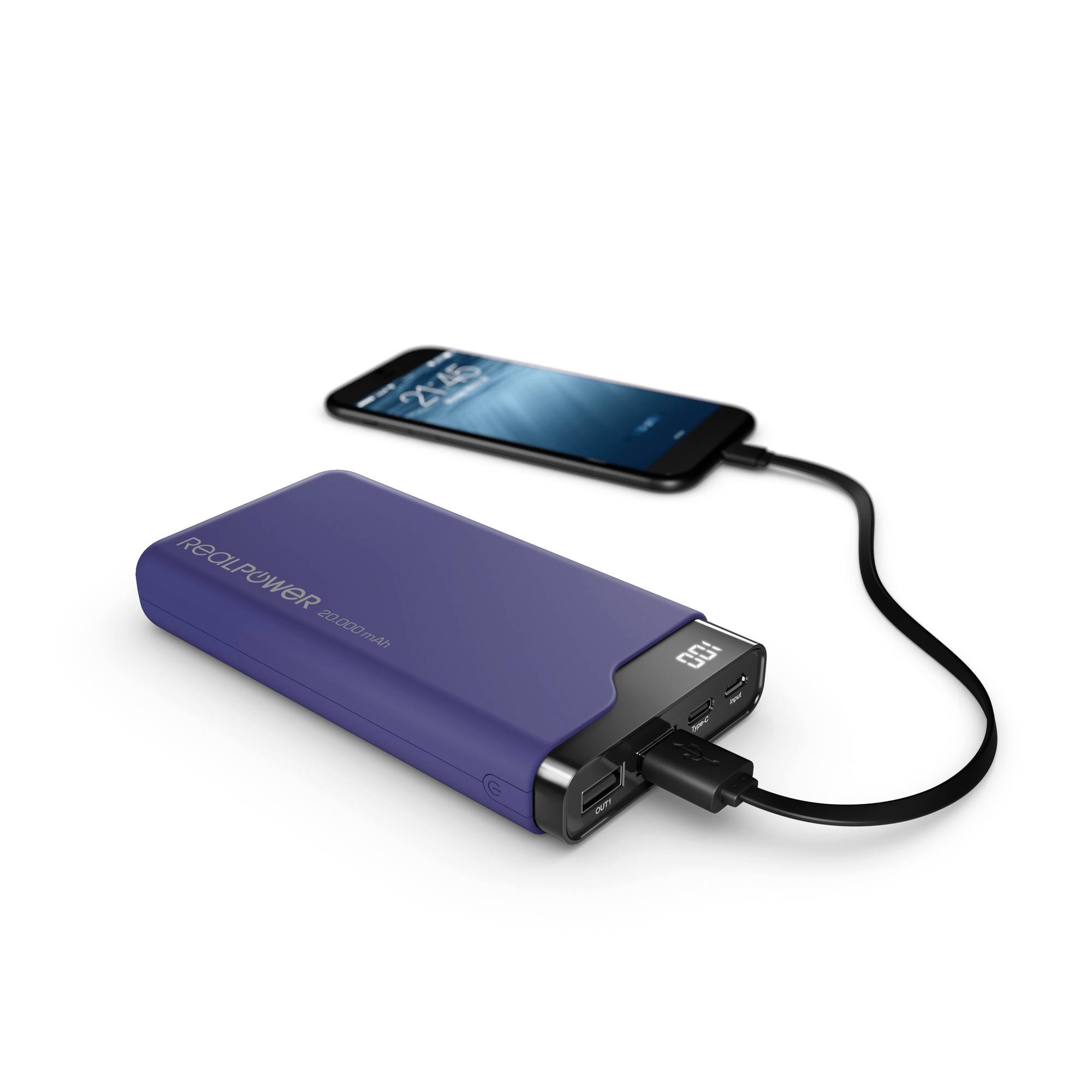 En mobiltelefon laddas av en blå powerbank med digital display och två USB-portar.