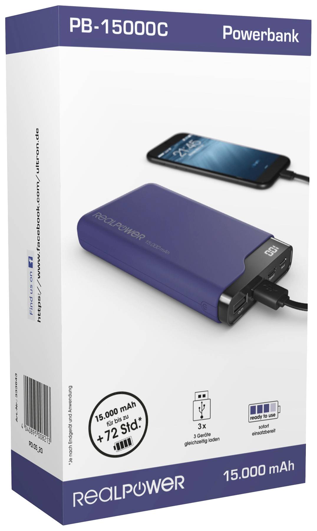 Förpackning för en powerbank på 15.000 mAh. Den blå powerbankens bild visas bredvid en smartphone. Text på förpackningen beskriver kapacitet och funktioner.