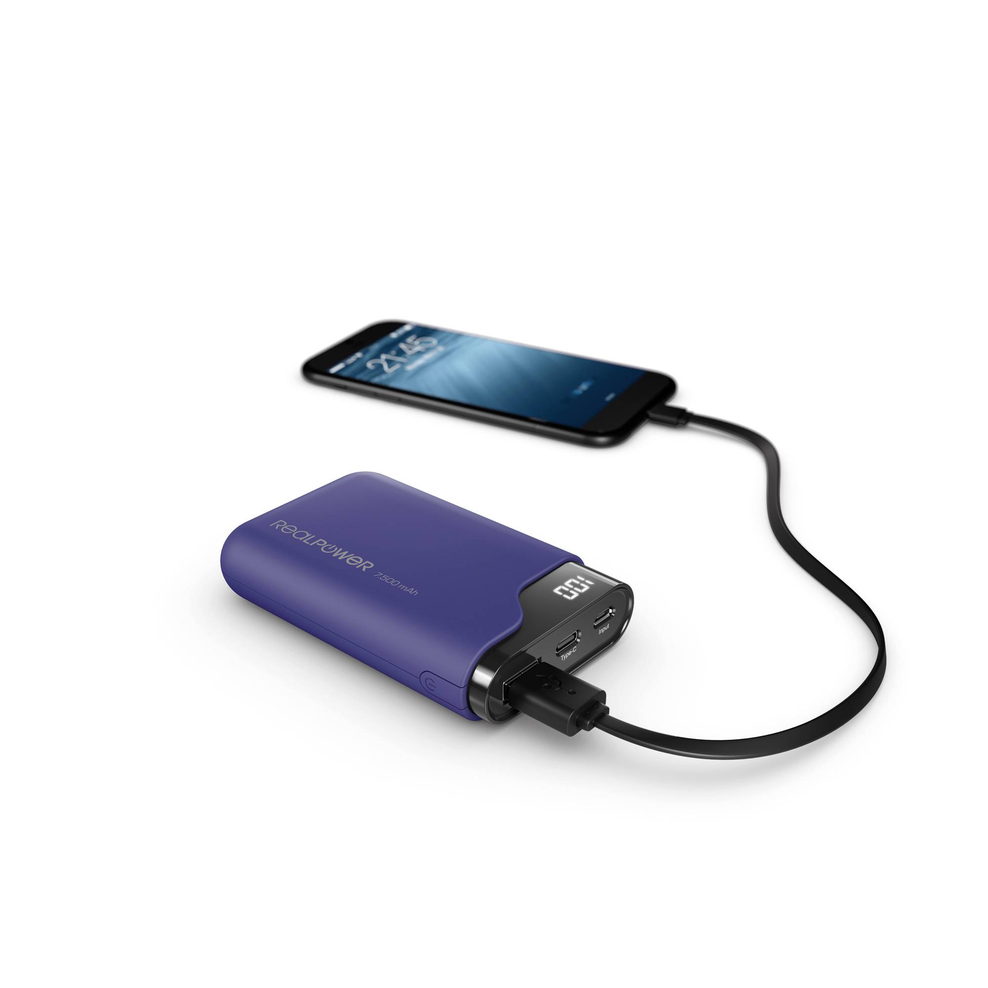 En mobiltelefon ansluts via kabel till en blå powerbank för att laddas.