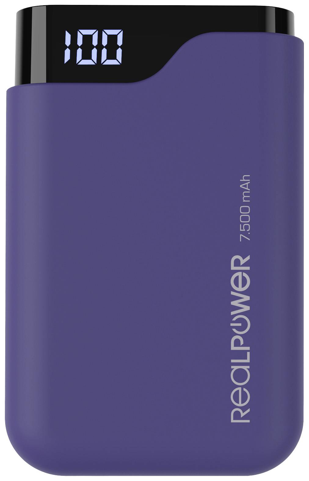 Lila powerbank med 7500 mAh och display som visar '100', med varumärket 'RealPower' tryckt på sidan.