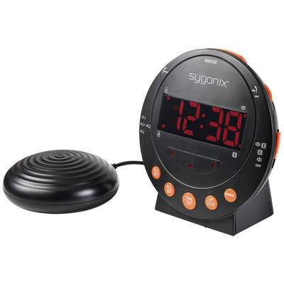 Digital väckarklocka med stora röda LED-siffror, flera larmfunktioner och en tillhörande vibrerande kudde för väckning genom vibration.