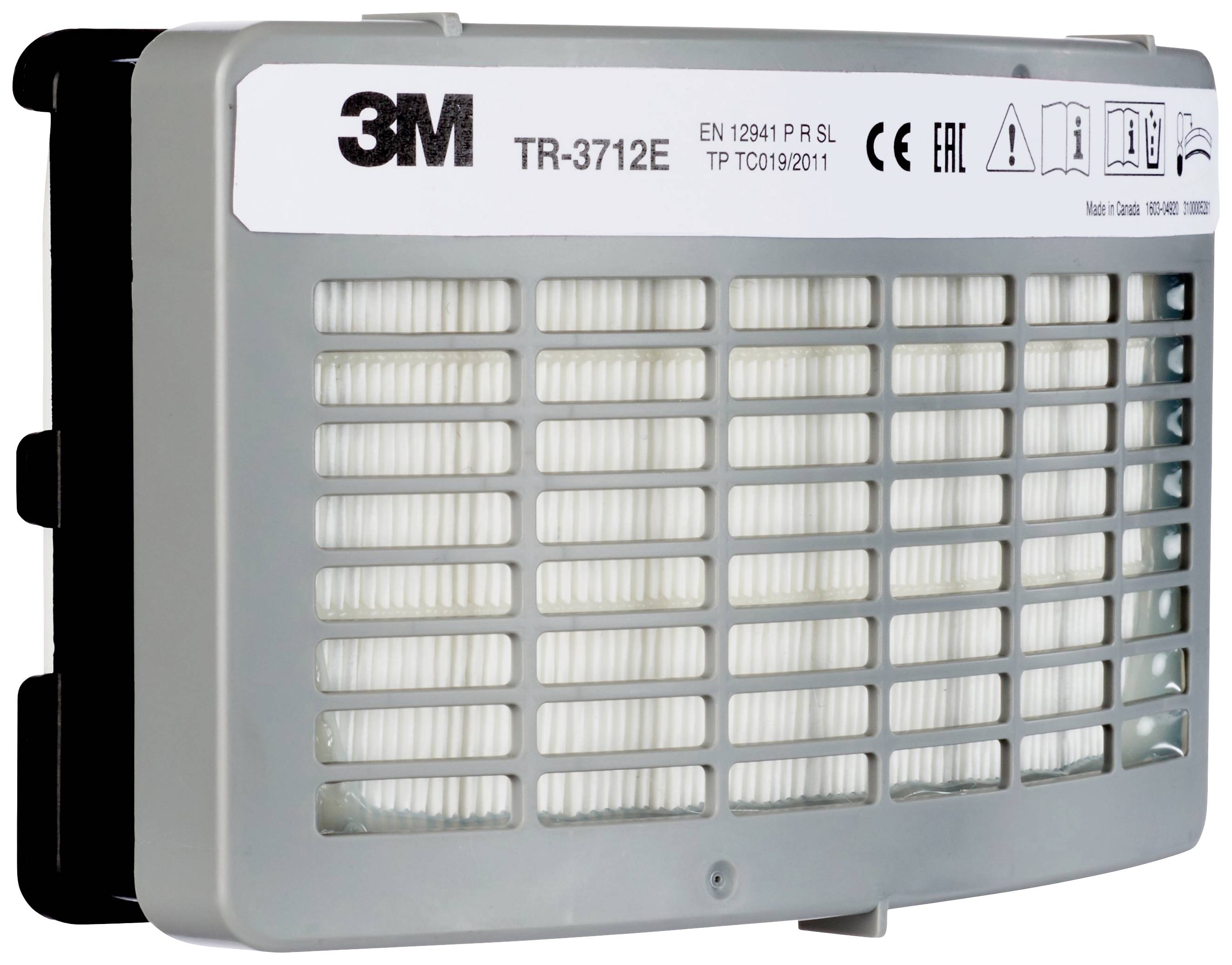 Grå 3M-filter TR-3712E med vita lameller, lämplig för andningsskydd. Certifikat och säkerhetsmärkning avbildade därtill.
