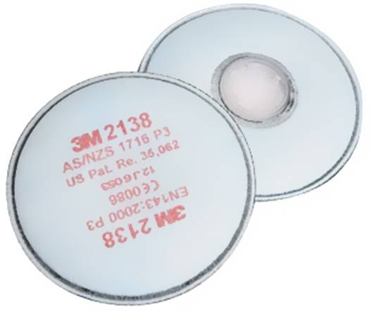 Två runda skyddsfilter märkta '3M 2138'. De fungerar som reservfilter för masker och ger skydd mot partiklar och gaser.