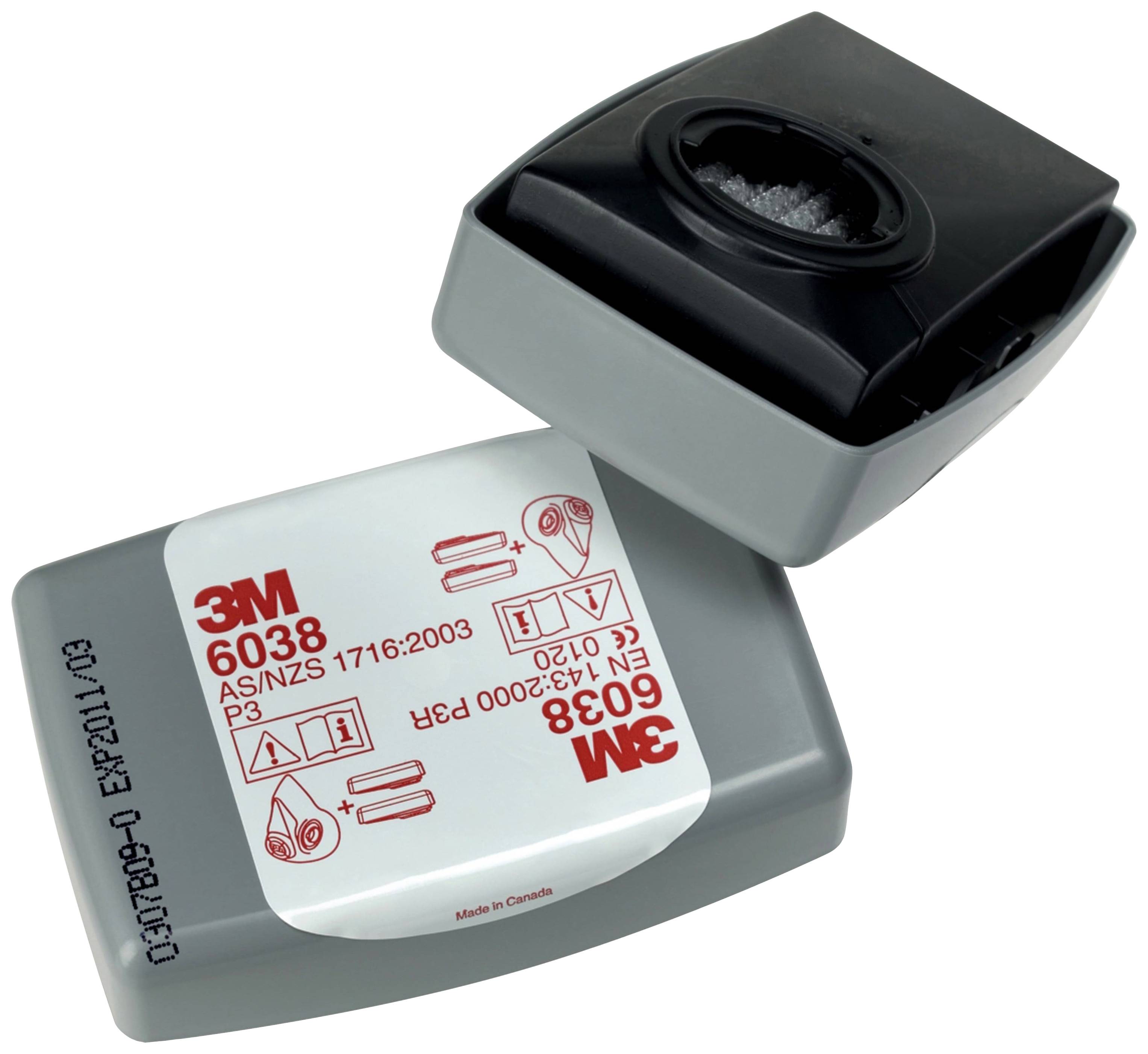 Grauer 3M 6038 filter med svart lock, märkningar för modell- och säkerhetsinformation är synliga.