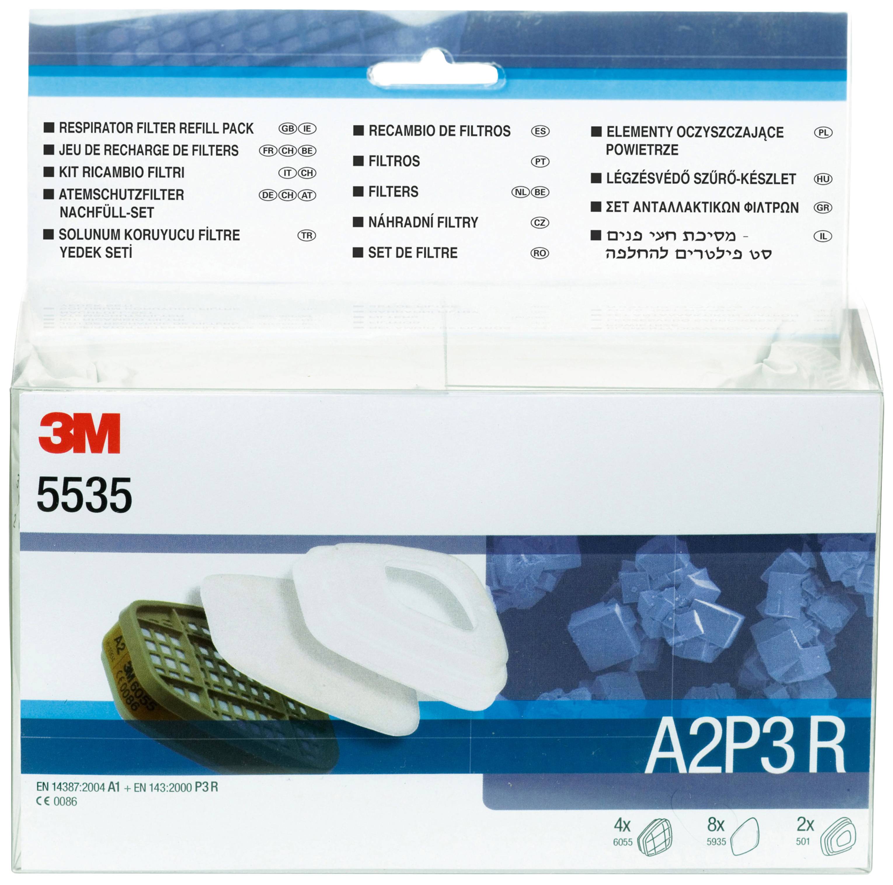 3M Filter-påfyllningsförpackning 5535, innehåller A2P3R-filterelement, presenterad i en transparent förpackning med produktinformation.