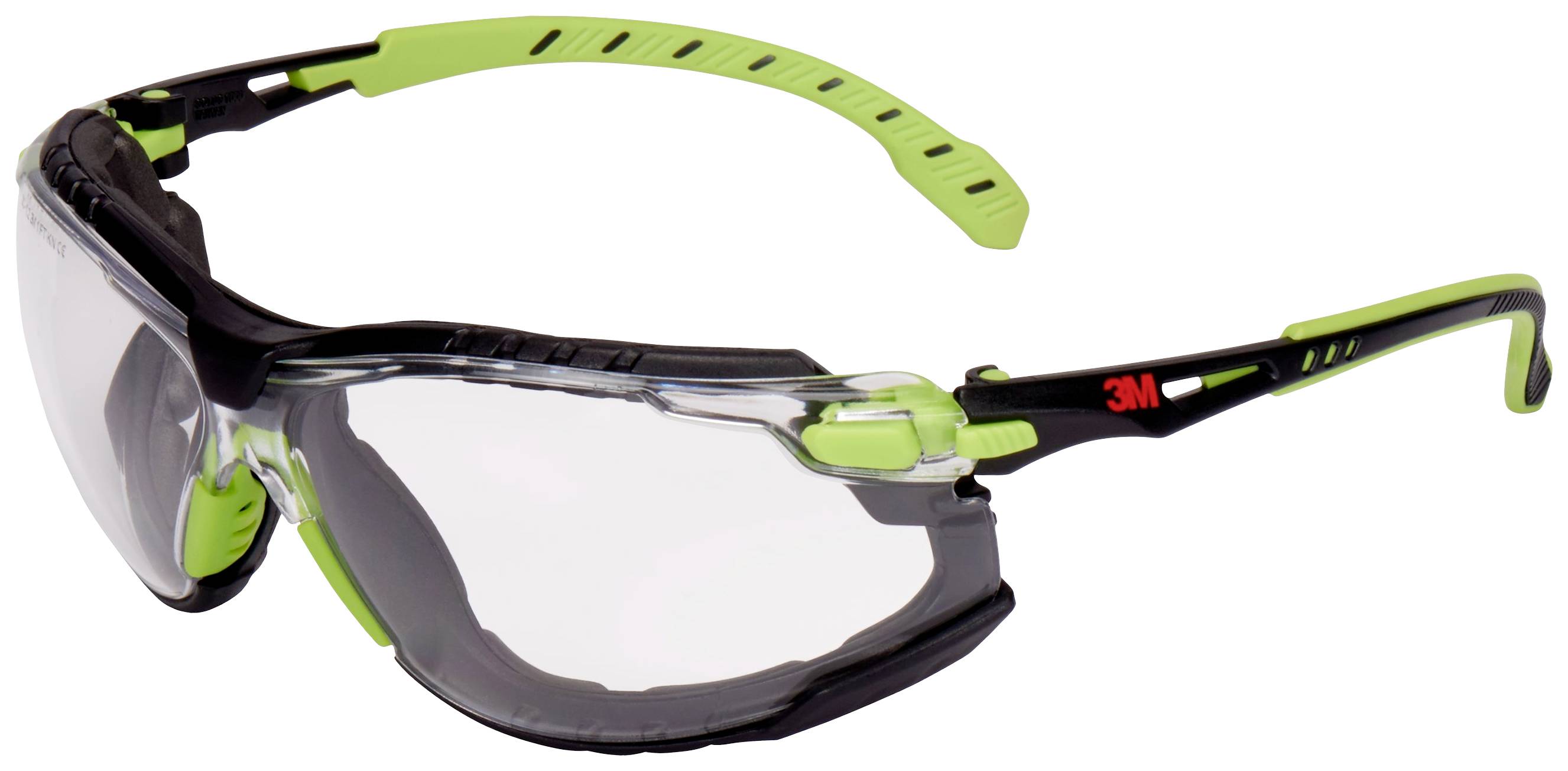 Skyddsglasögon med klara glas och grön-svart ram, lämpliga för arbetsskydd, uppvisar robust, ergonomisk design.