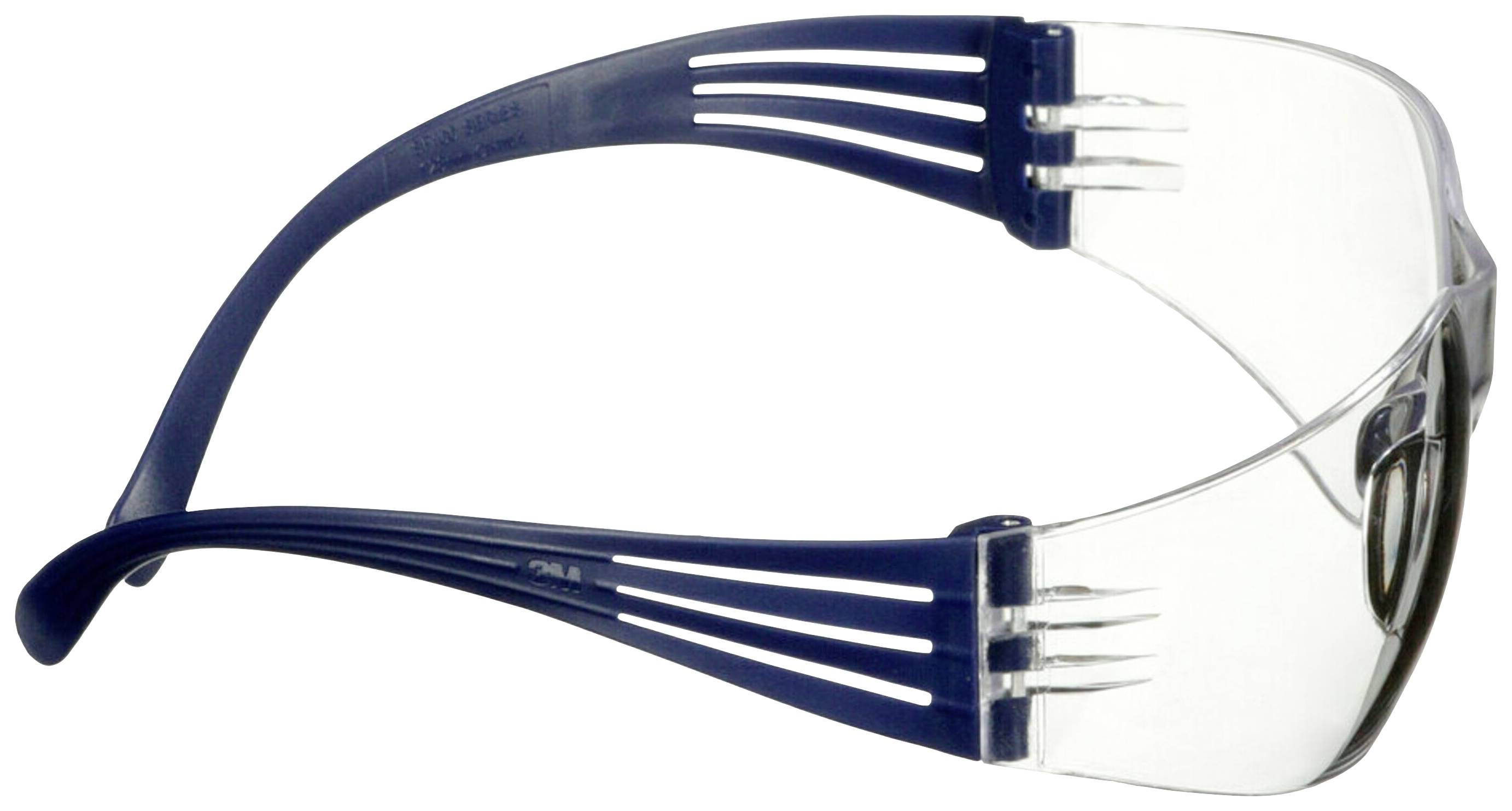 Skyddsglasögon med klara glas och blå bågar, fotograferade från sidan. Designade för ögonsskydd vid arbete eller sport.