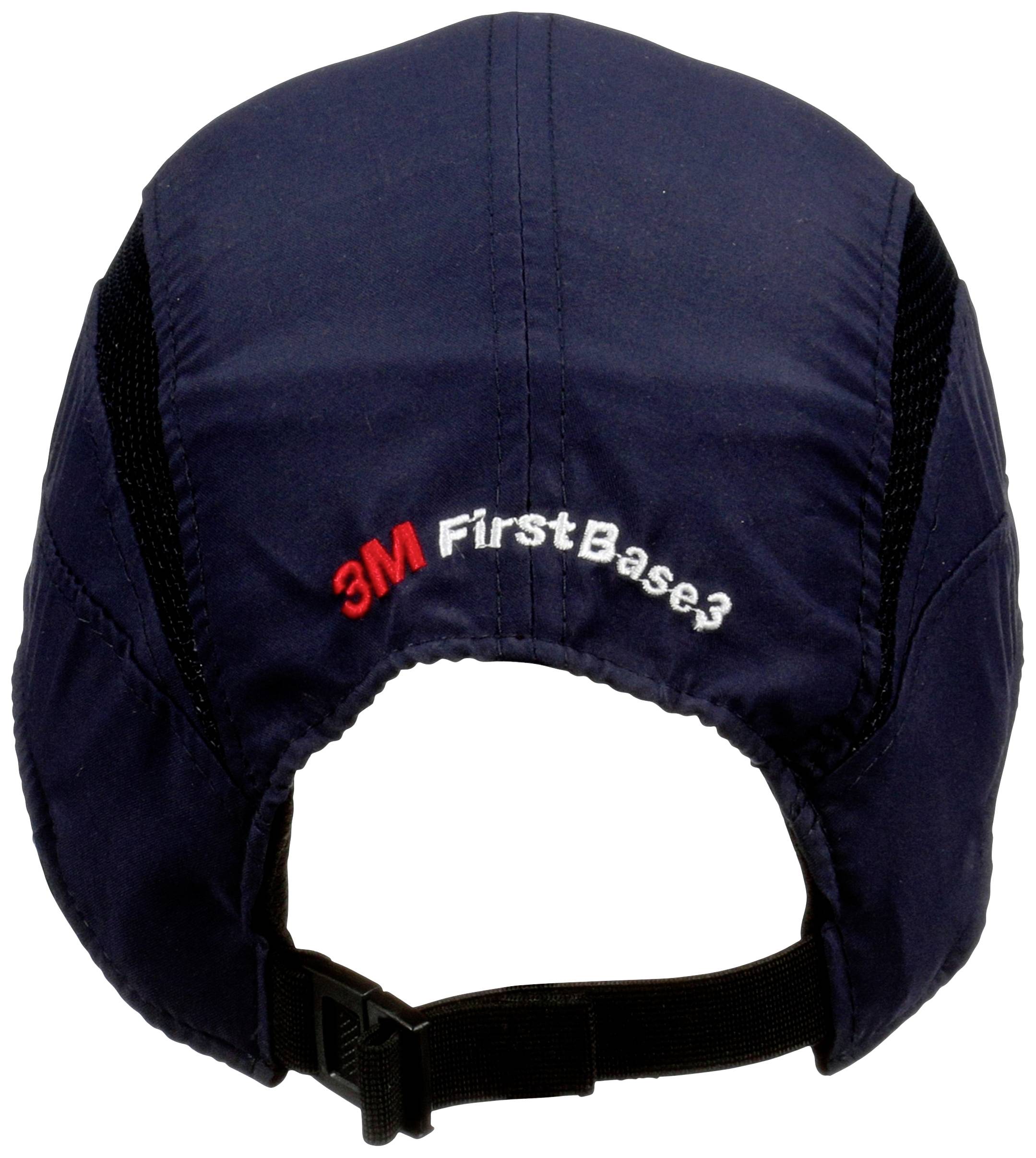 Skyddshuva i mörkblått med vit och röd text '3M First Base 3', justerbar rem baktill.