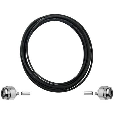 Svart koaxialkabel med två silvermetallfästen och ändstyckn, lämplig för elektriska anslutningar eller antenner.