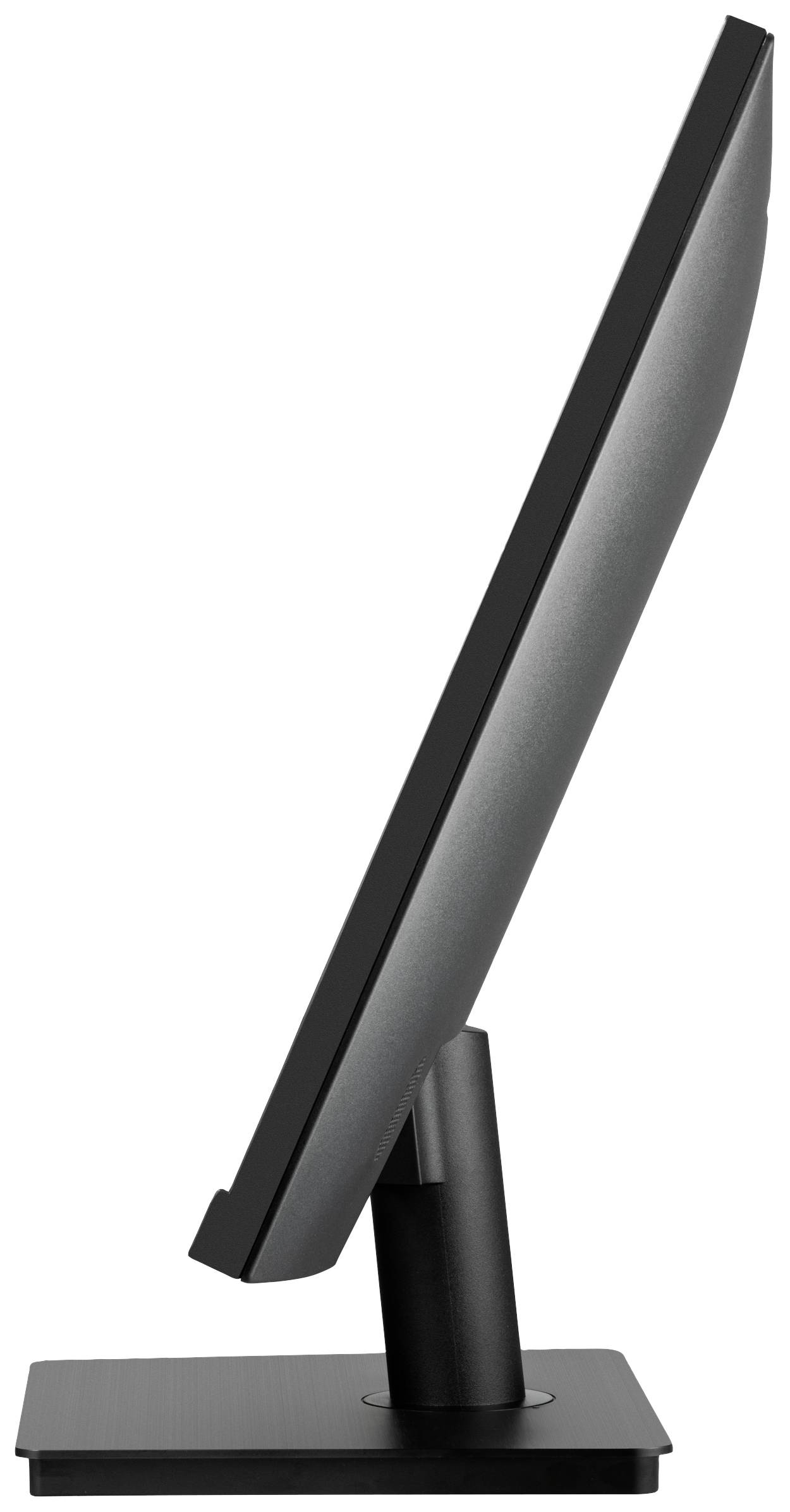 En svart datorskärm sedd från sidan, stående på en rektangulär bas med ett tunt, modernt design.