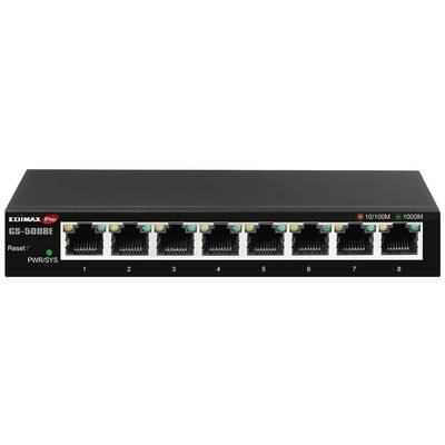 Nätverksswitch med åtta Ethernet-portar, igenkännbar genom sina gula och gröna LED-indikatorer, varav två är aktiva. Varumärkets logotyp synlig.
