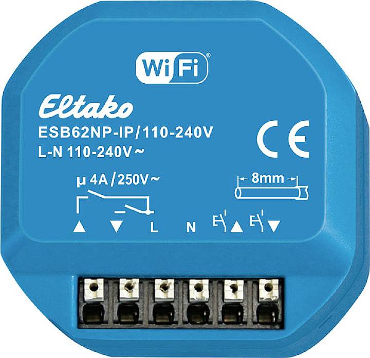 Blå Eltako WiFi-switch ESB62NP-IP för spänningar från 110-240V. Visar anslutningsschema och tekniska specifikationer.