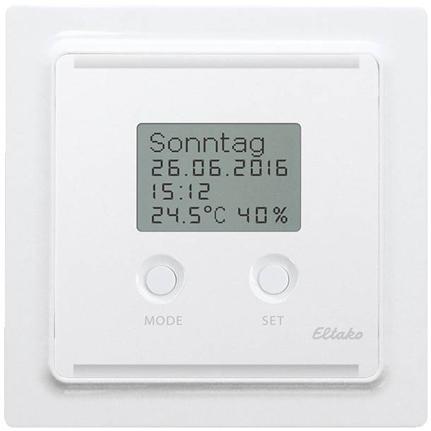 Termostats display visar: 'Söndag, 26.06.2016, 15:12, 24.5°C, 40%'. Knappar märkta 'Mode' och 'Set' synliga. Märke: Eltako.