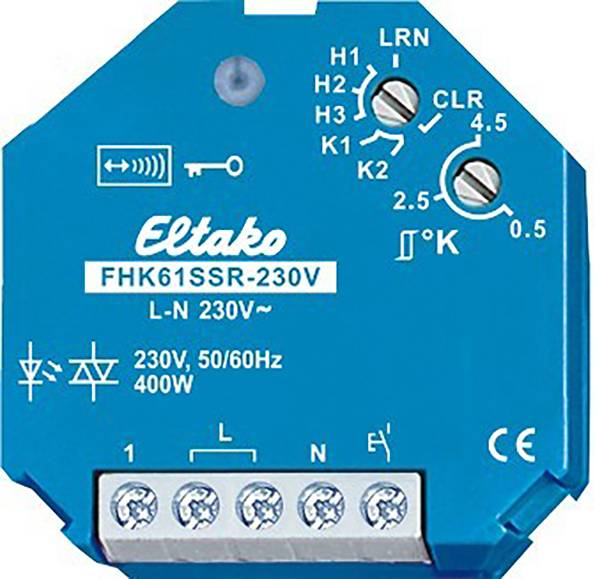 Central mottagare FHK61SSR-230V, 230V, 50/60Hz, 400W. Blå enhet med flera anslutningspunkter och justeringsknappar.