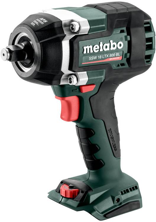 Trådlös Metabo-slagskruvdragare med påmonterad sockel, märkt "SSW 18 LTX 600 BL", visad mot en vit bakgrund.