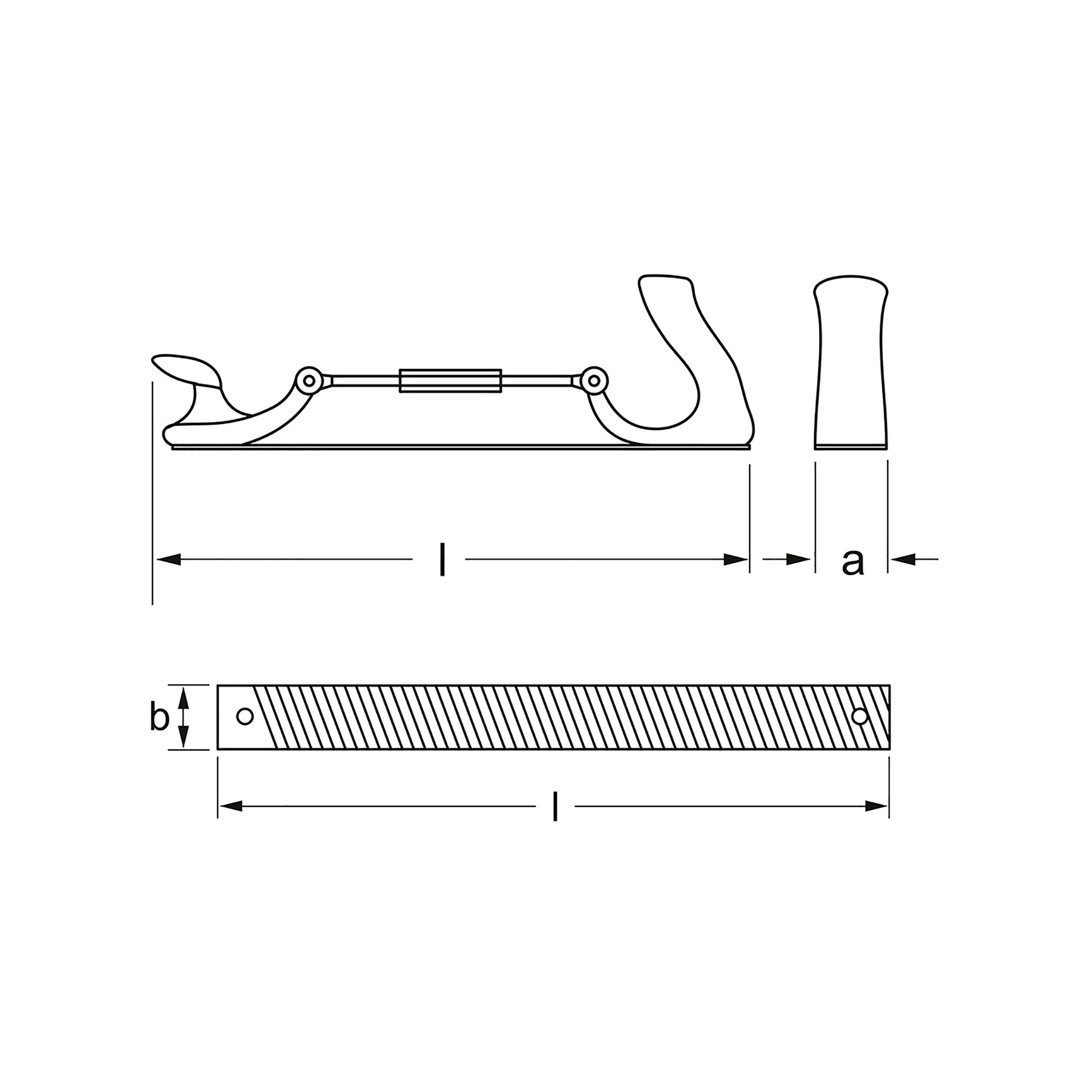 Illustration av ett klingfäste med dimensioner: Total längd 'l', greppbredd 'a' och klingbredd 'b'. Sido- och frontvy.